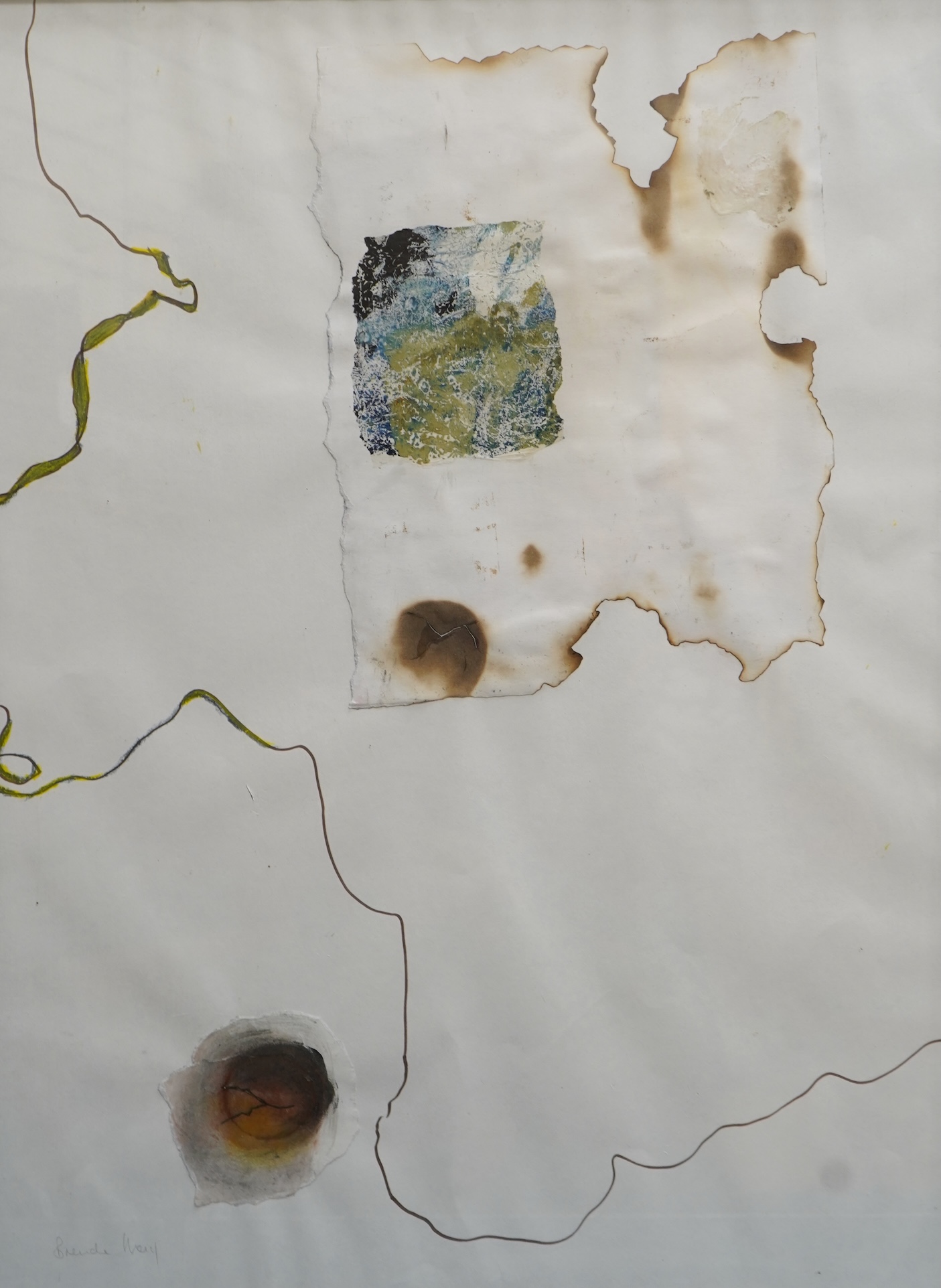 Brenda May (Modern British), a collection of four works to include an abstract collage, ‘Salvaged from the fire I’ and two pencil signed prints, one titled ‘Last Look’, one framed, largest 60 x 45cm